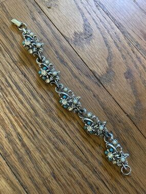 Sterling-Style Silver Floral Bracelet with Turquoise and Opal Accents